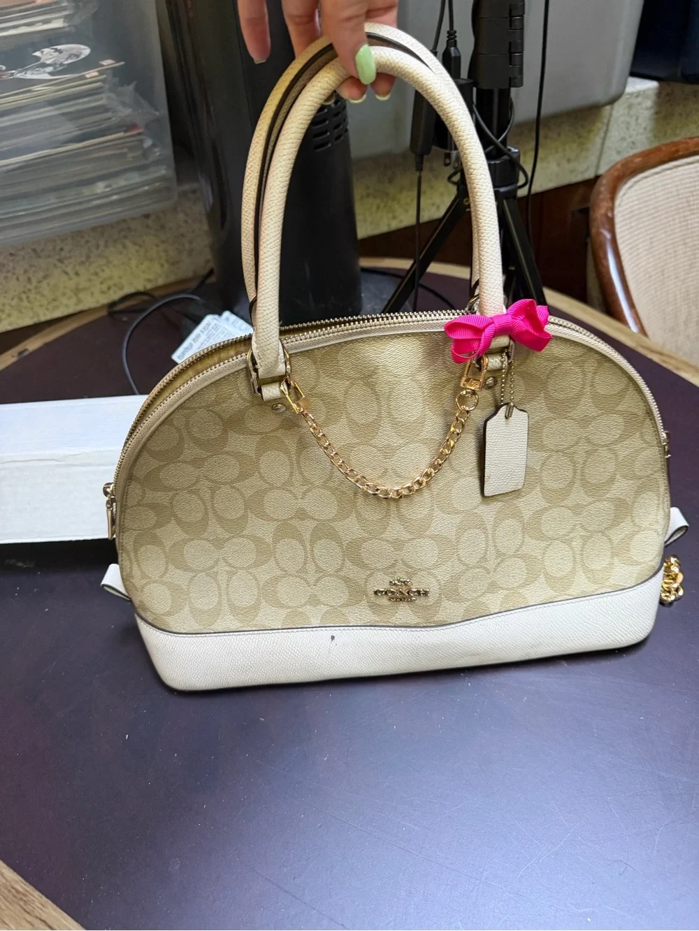 Coach Khaki and Chalk Dome Satchel with Strawberry Charm